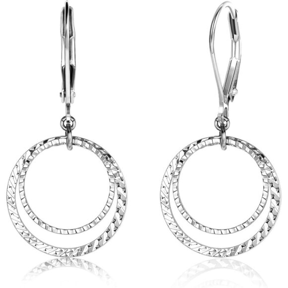 Sterling Silver Circle Leverback Textured Drop Hammered Earrings for Women - Picture 1 of 7
